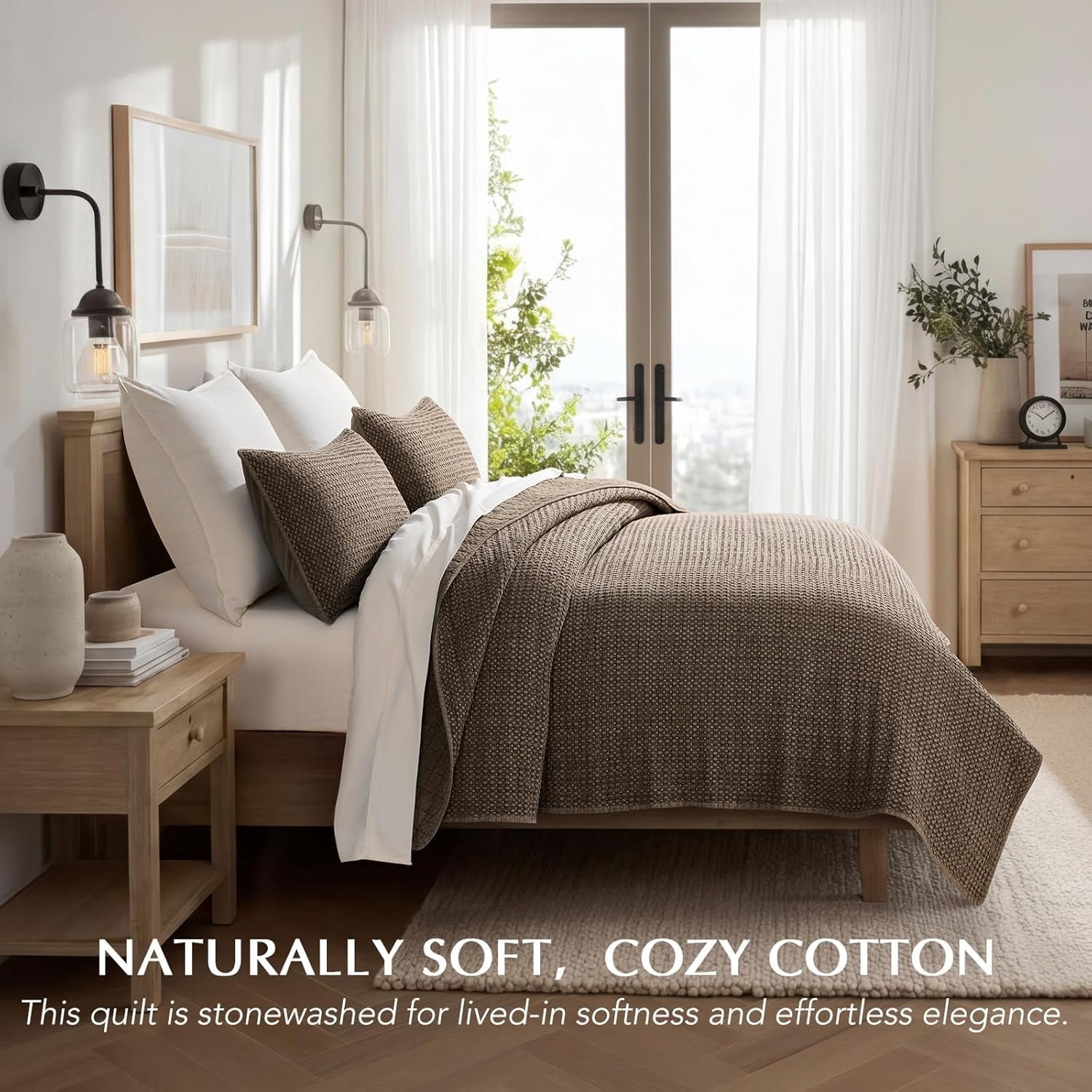 EverGrace Stonewashed 100% Natural Cotton Waffle Quilt Set King Size 3 Pieces, Durable, Textured & Substantial Bedding, Quilted Coverlet Bedspread with 2 Shams for All Seasons, Mushroom Brown
