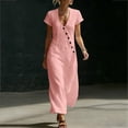 thumbnail image 5 of Women's Cotton Linen Midi Dress Summer Short Sleeve V‑Neck Asymmetrical Button Casual Dress with Side Pockets Pink XL(XL), 5 of 6