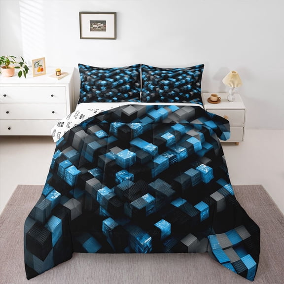 Castle Fairy Geometric Plaid Twin Comforter Sets,Black Blue Grid Bedding Set