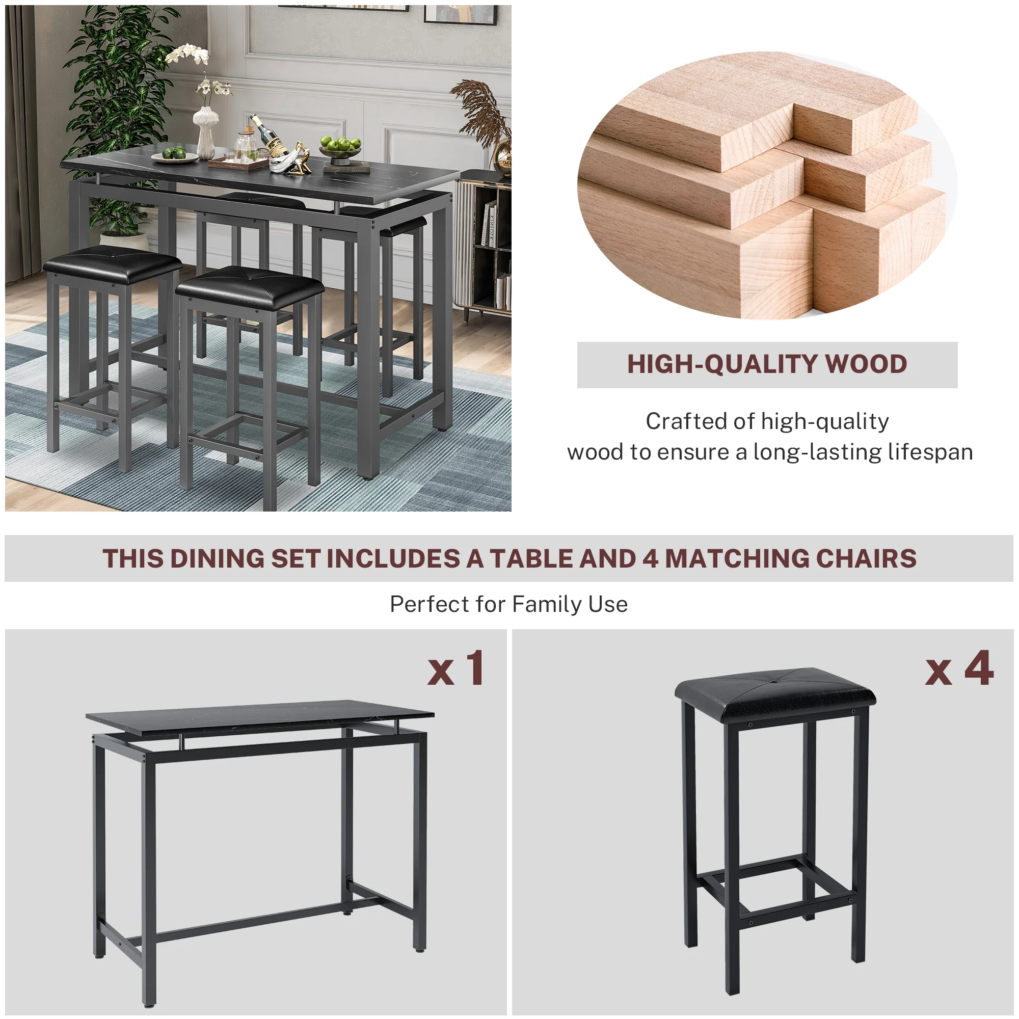 5-Piece Counter Height Bar Table Set, Modern Dining Table Set, Long Pub Table and 4 Stools, 4-Person Dining Table and Stools Set, Kitchen Side Table Set for Breakfast, Brown, D6412