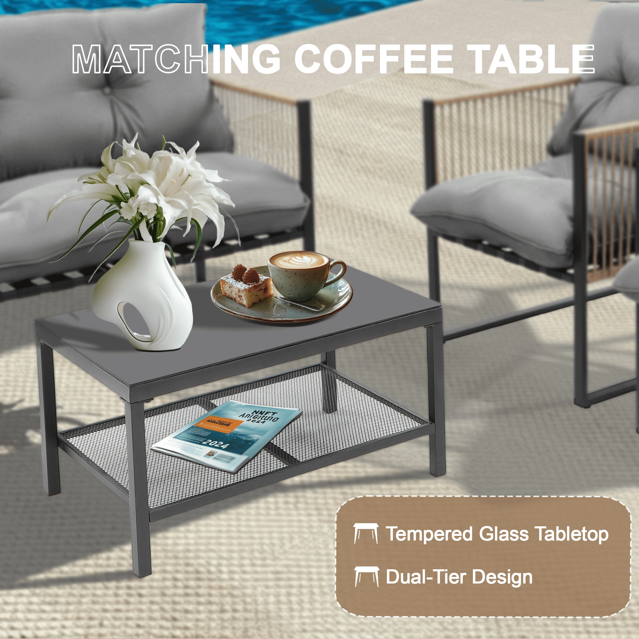 4 Pieces Outdoor Wicker Conversation Set, All-Weather Rattan Patio Furniture Sets with Arm Chairs, Tempered Glass Tabletop and Cushions, Sectional Sofa Set for Backyard, Garden, Poolside