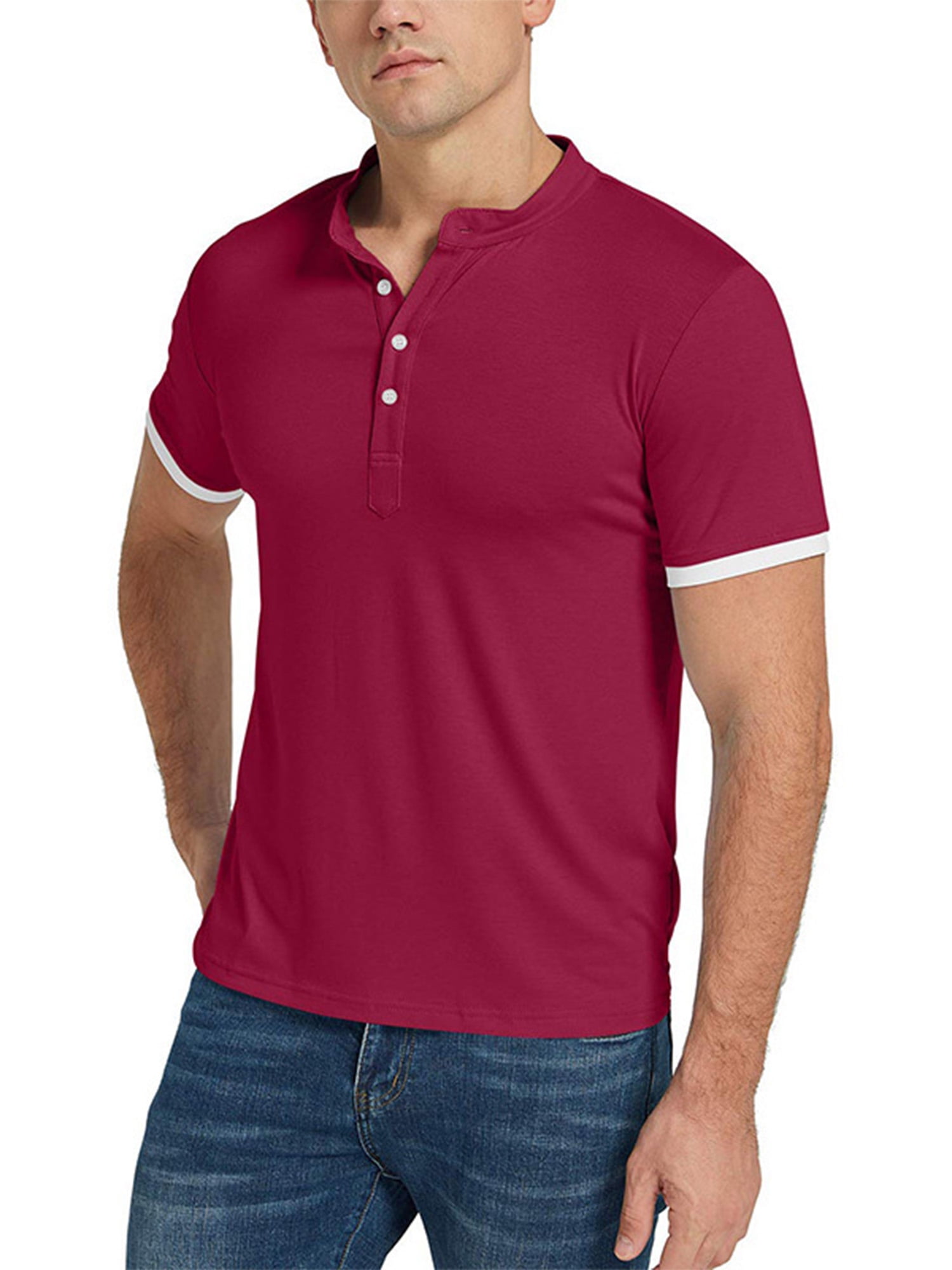 MAWCLOS Mens Slim Fit Contrast Sleeve Henley Neck TShirt Golf Sport
