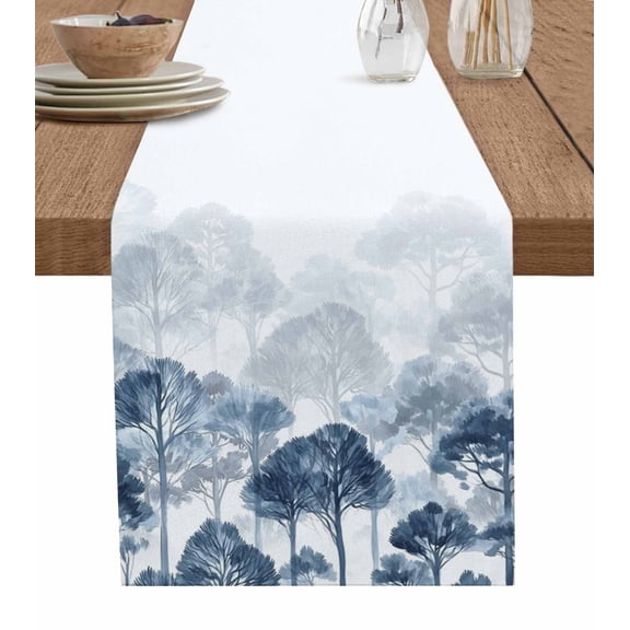 ERUNPONLY Blue Forest Table Runner - 120 Inch Long Farmhouse Botanical Tree Scenery Watercolor Cotton Linen Blended Dress Scarves Farmhouse Table Runner for Kitchen Dining, Coffee Table, 13"x120"