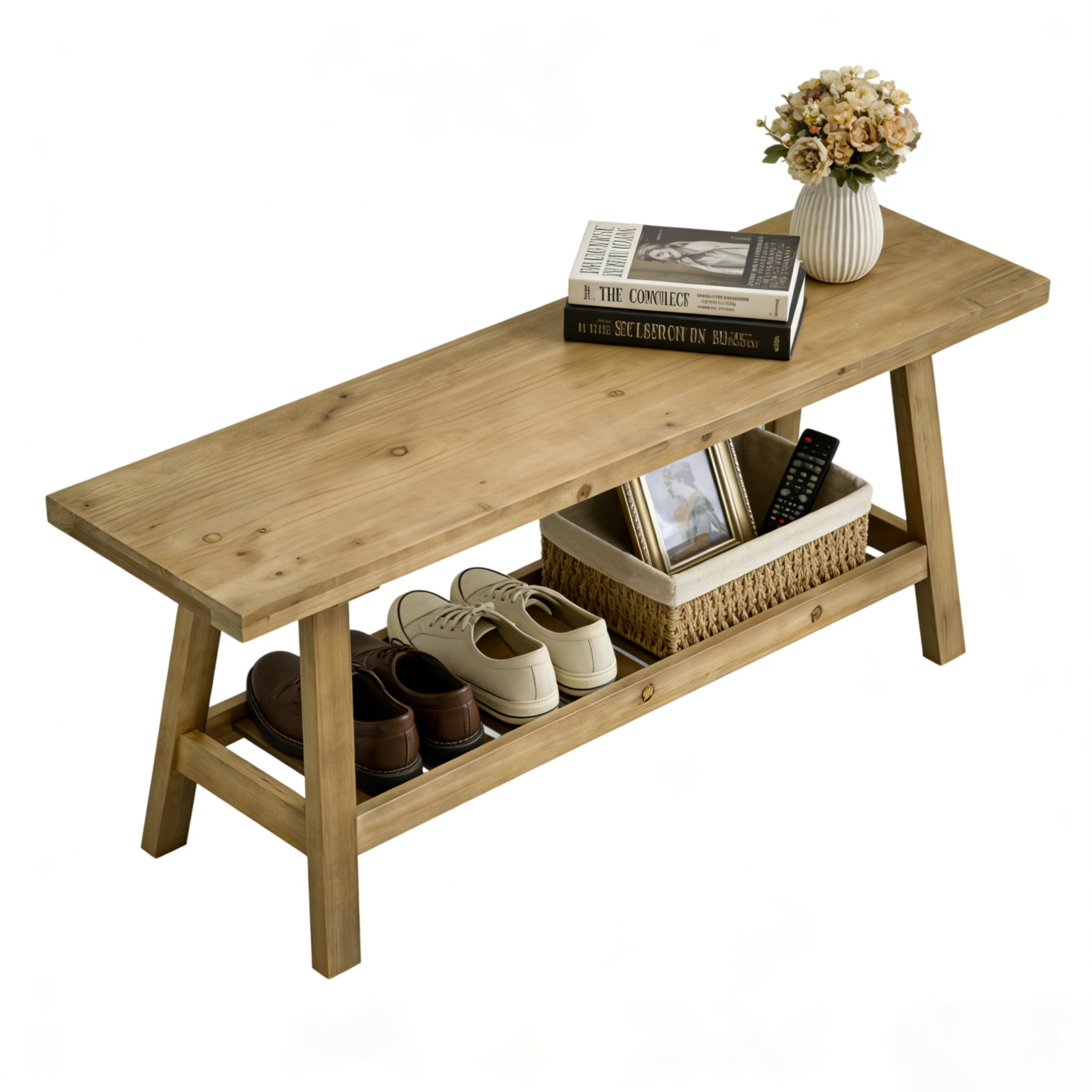 Noble House Farmhouse Wooden Entryway Bench, Distressed Wood 2-Tier Narrow Storage Bench with Open Shelf, Gray