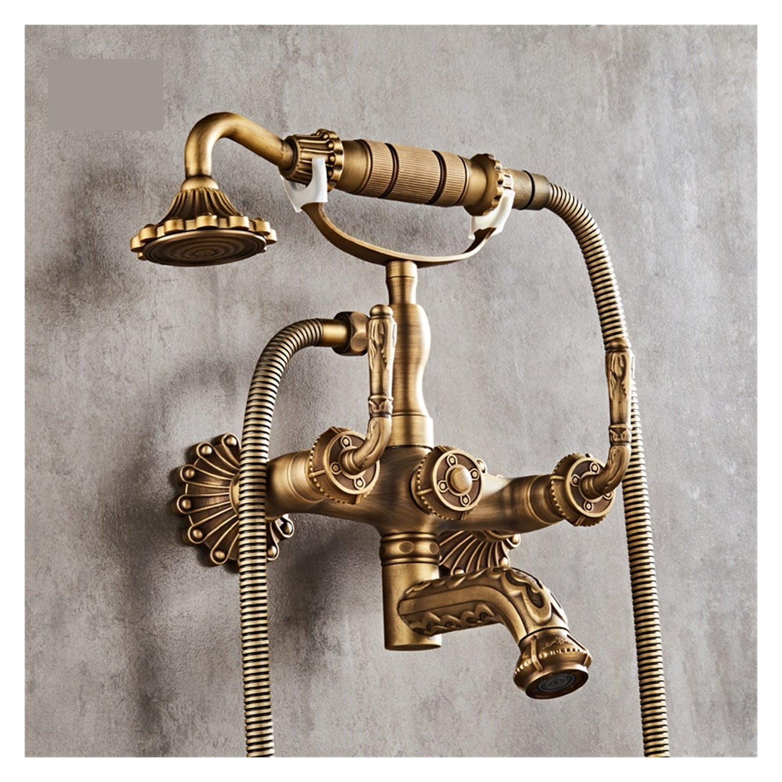 Antique Brass Bathtub Shower Faucets Set, Wall Mounted Bath Shower Set Swivel Tub Spout Bath Shower Dual Control Carved Mixer Tap