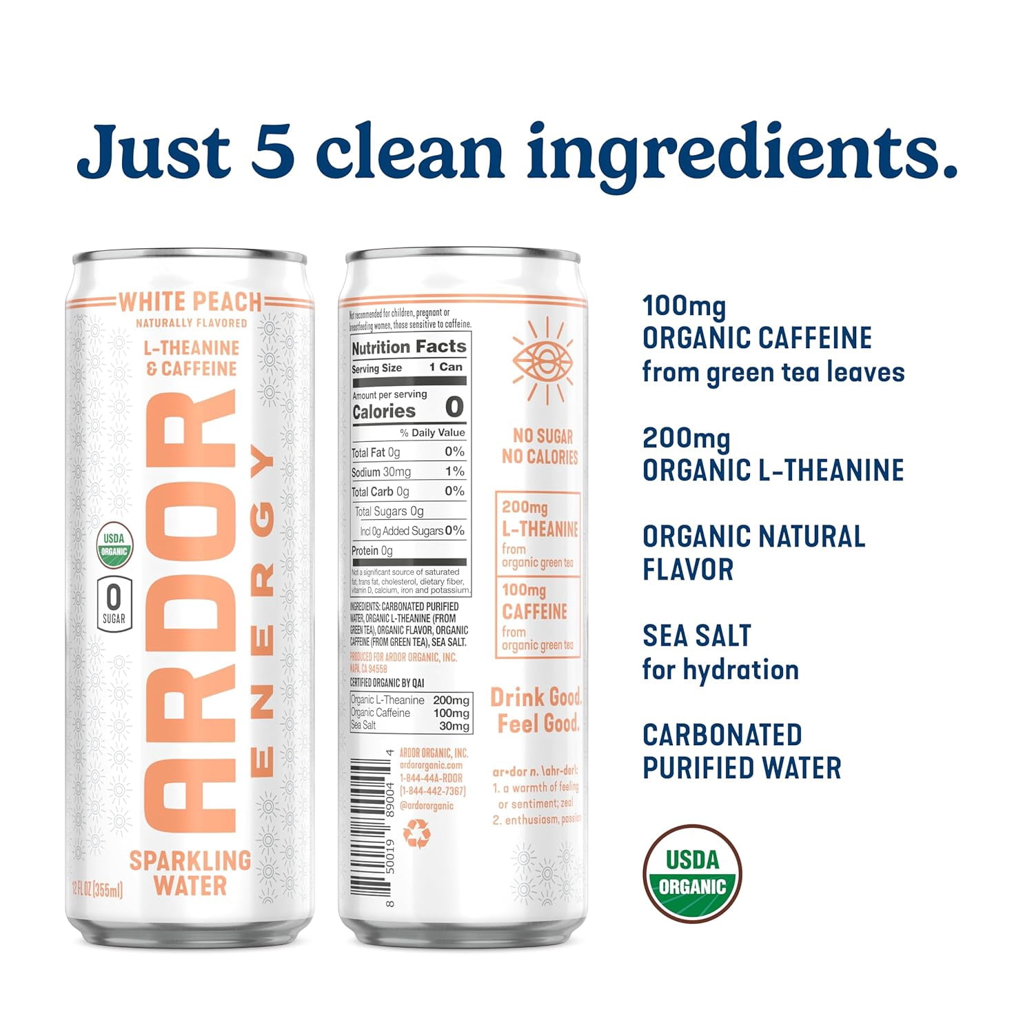 ARDOR ENERGY Sparkling Water with 100mg Natural Caffeine & 200mg L-Theanine from Organic Green Tea for Smooth Energy & Focus | Healthy Energy Drink | No Sugar, Zero Calories, Vegan, Gluten-Free | Whi