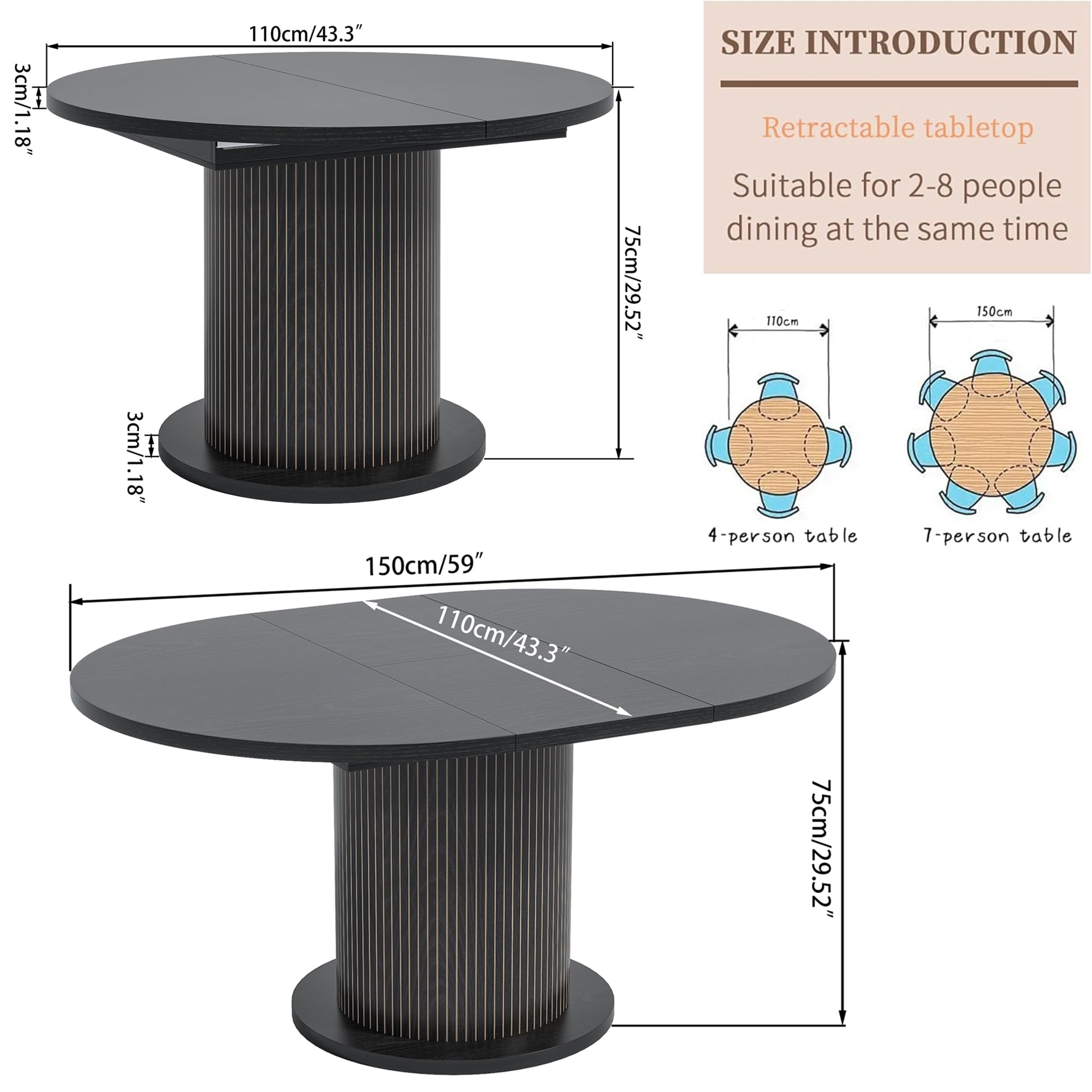 59" Extendable Round Dining Table for 4-6, Modern Oval Kitchen Table with Fluted Base, Circle Dining Table for Living Room, Black