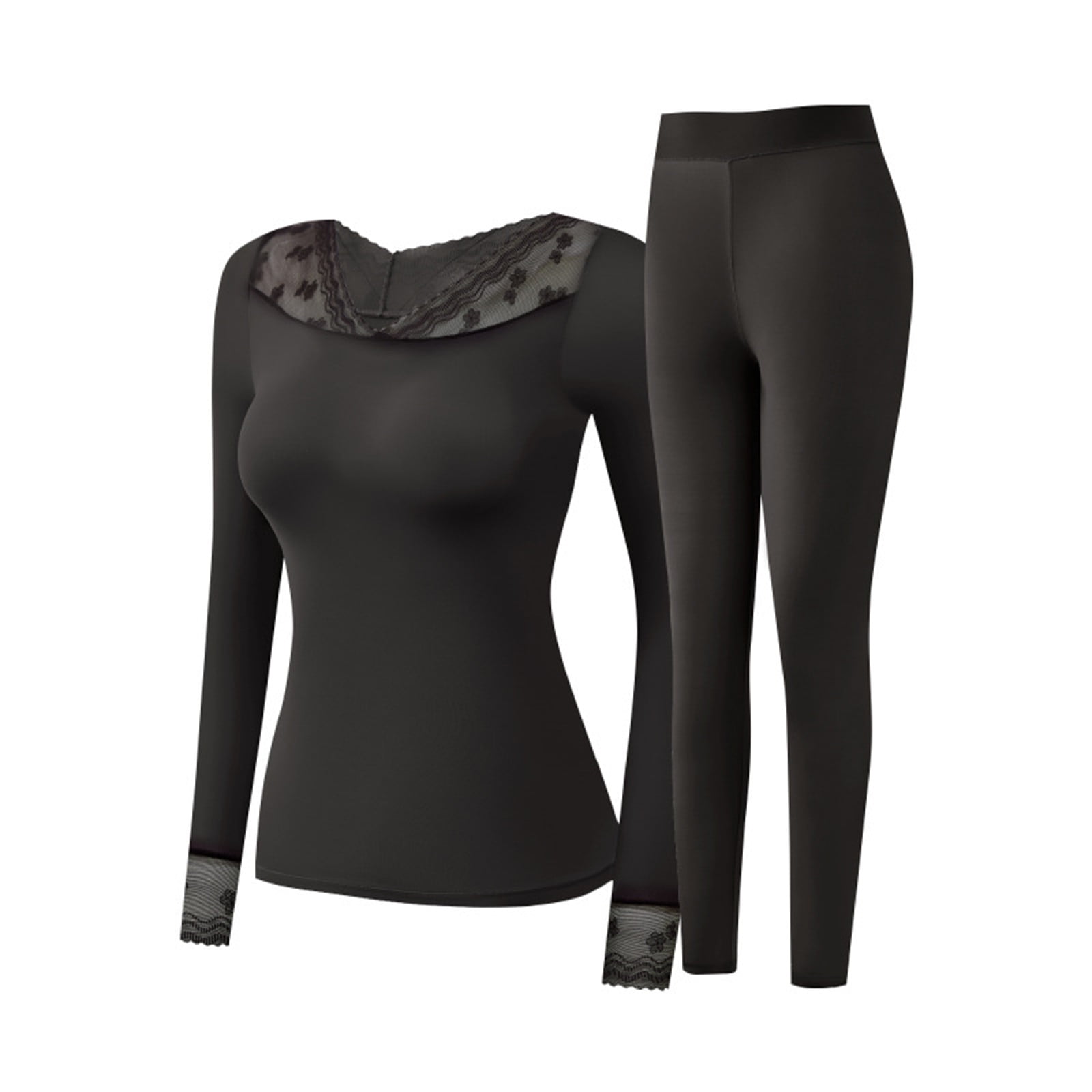 Hilenly Long Johns for Women Seamless Base Layer Sets Lace V Neck Undershirt and Bottoms Lightweight Thermal Underwear