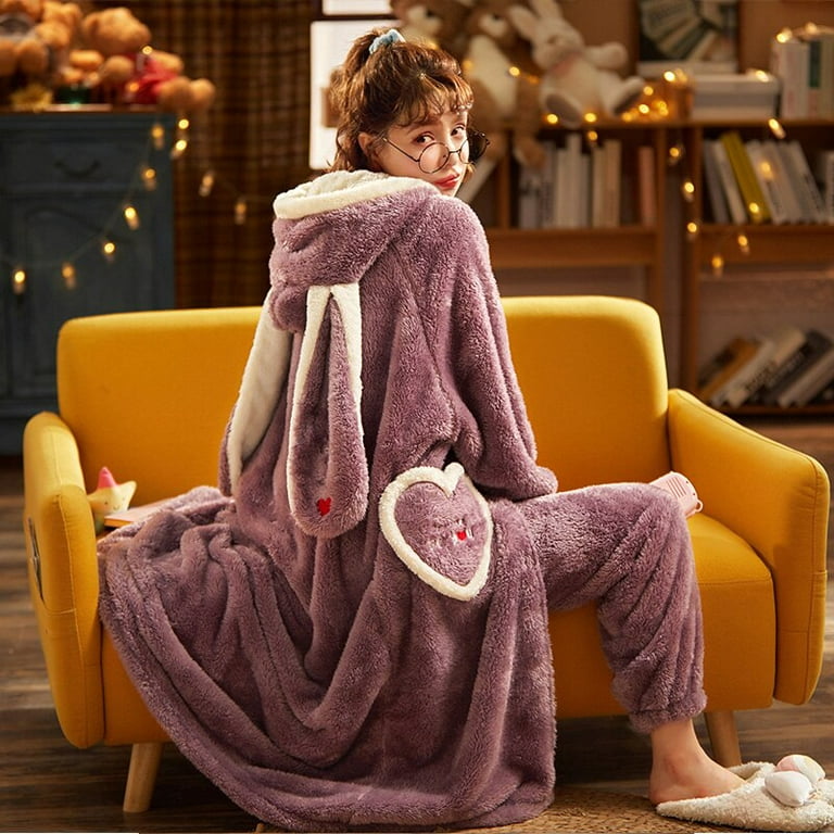DanceeMangoo Intensification Winter Pajamas Loose Version Hooded Coral  Fleece Pyjamas Women Sleepwear Medium Style Plus Size Flannel Nighty