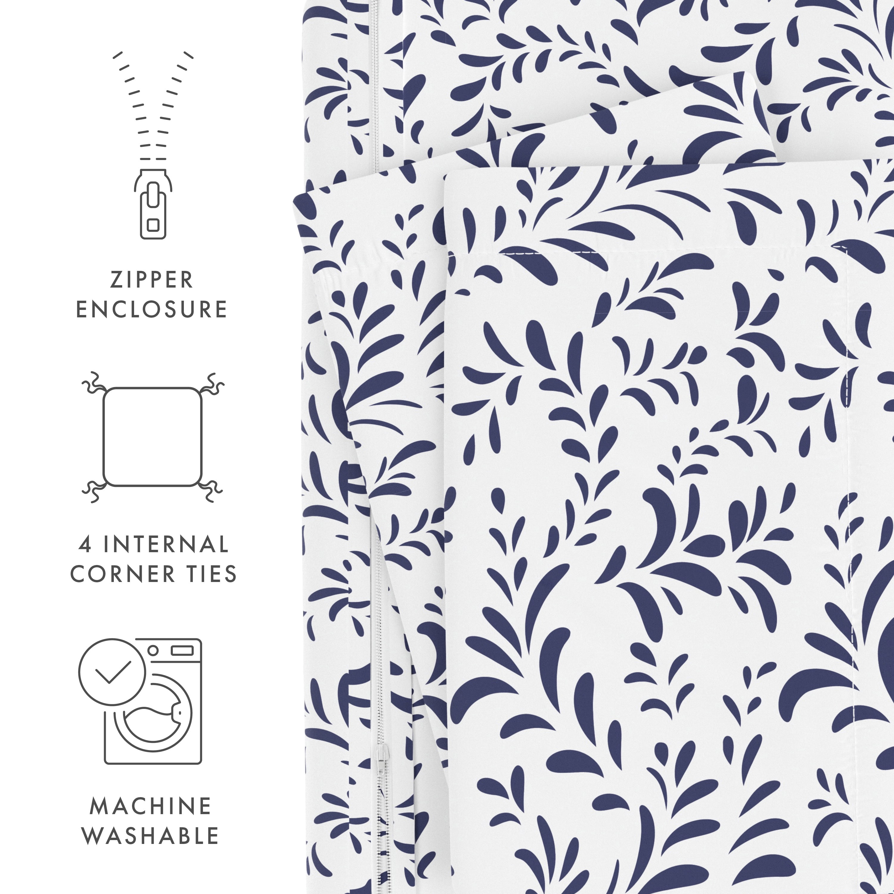 Noble Linens Navy Burst of Vines Print 2-Piece Duvet Cover Set, Twin/TwinXL