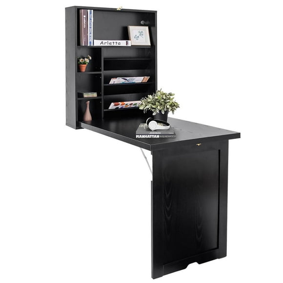 Giantex Wall Mounted Desk, Floating Desk, Folding Wooden Convertible Writing Desk w/Storage Area for Space Saving, Black