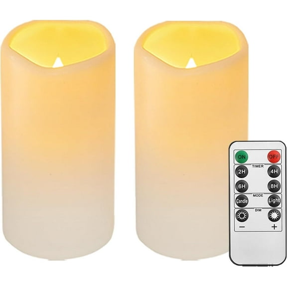 2 Pack Outdoor Plastic flameless Candles with Remote Control and Timer, LED Flickering Battery Operated Electric Pillar Candles (D3 xH5.5) for Camping, Weddings, Home Decoration