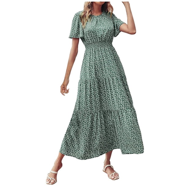 Vestido largo de manga corta con cuello redondo y estampado informal de verano para mujer a la moda Fridja qw2537
