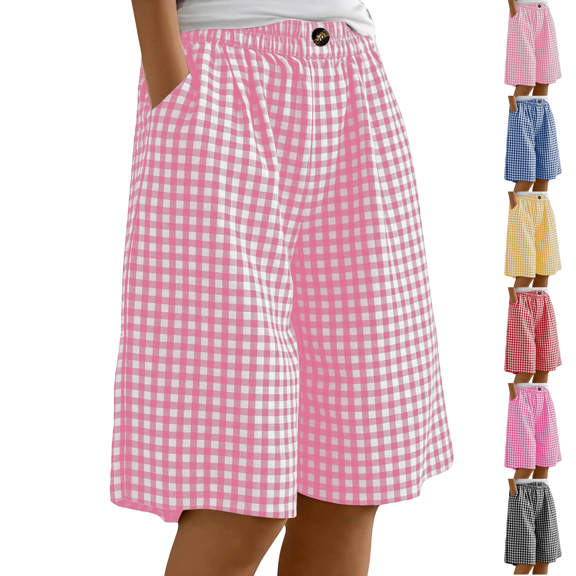 Womens Bermuda Shorts Knee Length Wide Leg Linen Long Shorts with Pockets Summer Casual Elastic High Waist Short Pants Pink L