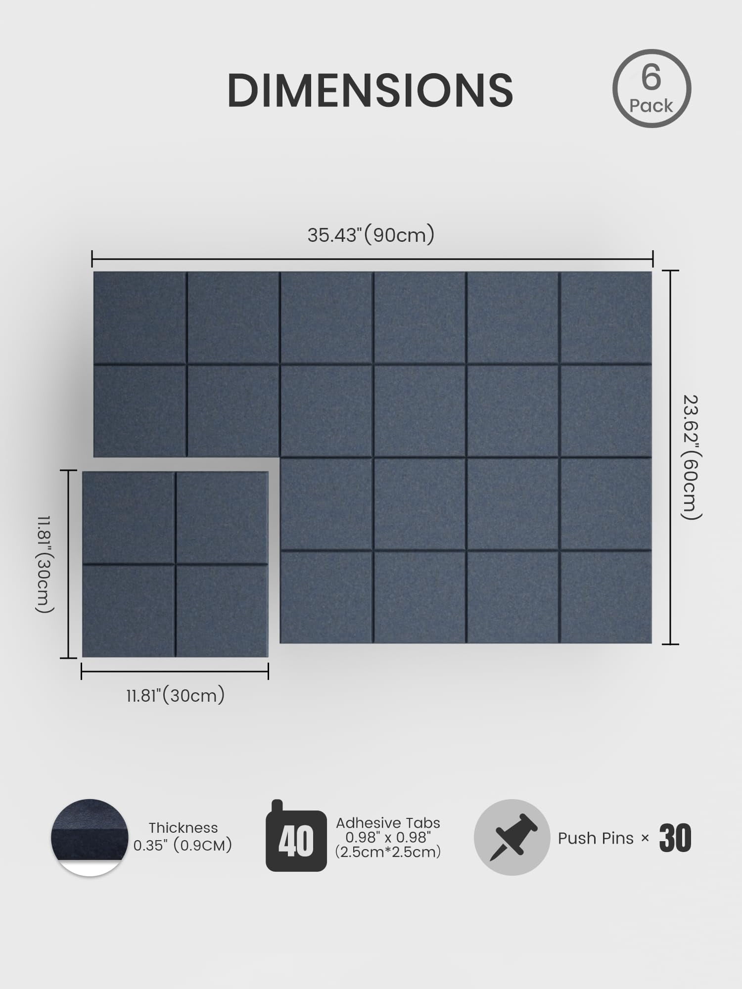 Large Felt Bulletin Board  36" X 24" Cork Alternative 6-pack Wall Tiles With 4-compartment Design 30 Push Pins 40 Adhesive Tabs Ideal For Office & Home Decor Deep Charcoal Blue