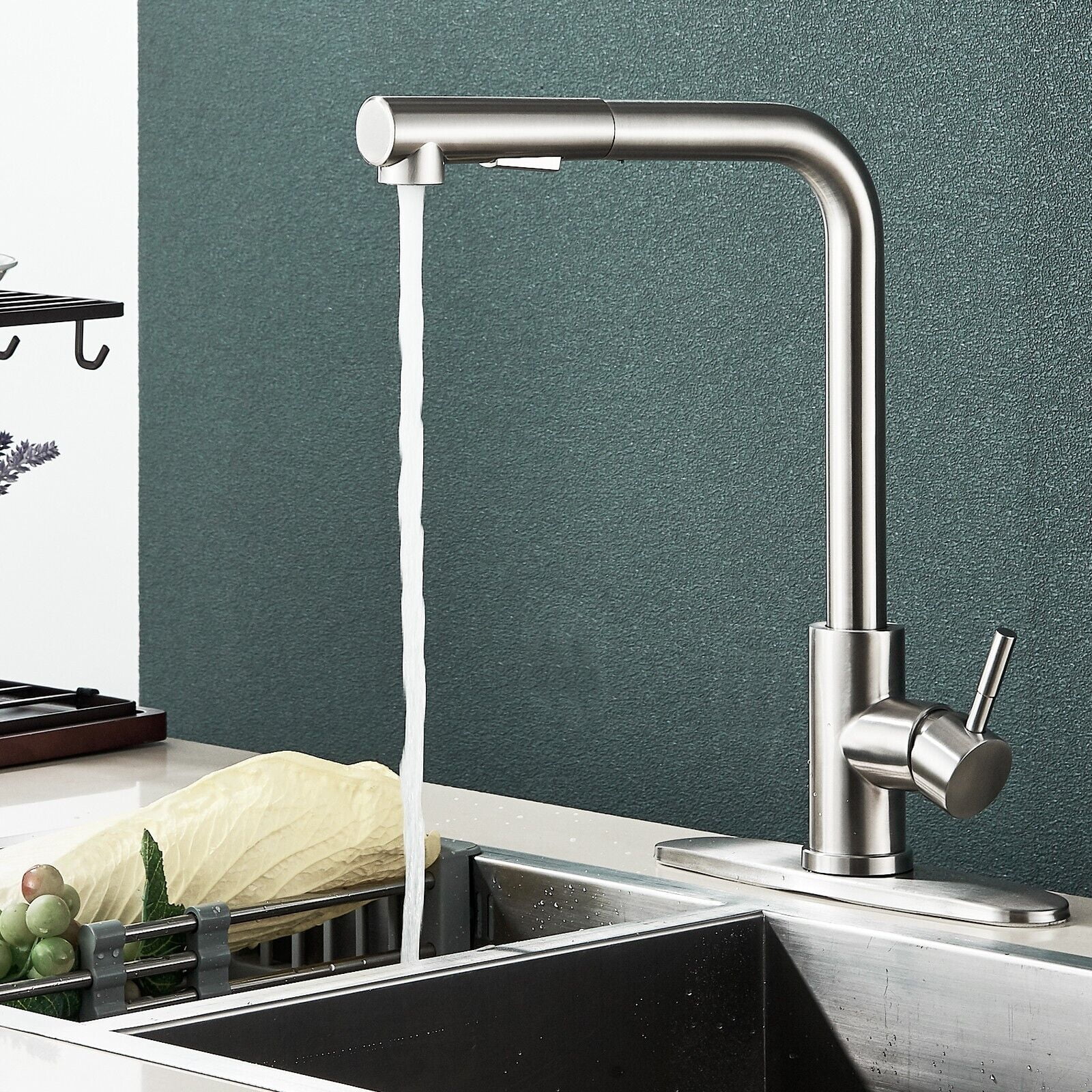 Brushed Nickel Kitchen Faucet Pull Down Sink Mixer Taps Single Handle with Cover
