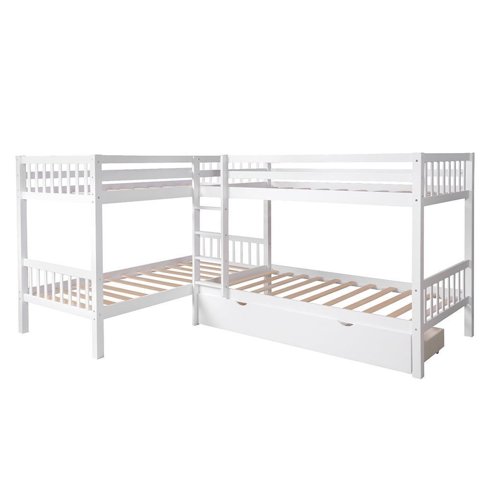 Kepooman Twin Size Modern Wooden L-Shaped Bunk Bed with 3 Drawers for Bedroom Dorm, 120.6" x 80.6" x 62.5", White Kepooman Twin Size Modern Wooden L-Shaped Bunk Bed with 3 Drawers for Bedroom Dorm, 120.6" x 80.6" x 62.5", White