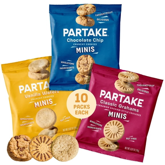 Gluten Free Partake Mini Crunchy Chocolate Chip Cookies   Classic Graham Crackers   Vanilla Wafers Variety Pack - Vegan - Free From the Top 9 Allergens - (30 Packs, 0.67 oz)