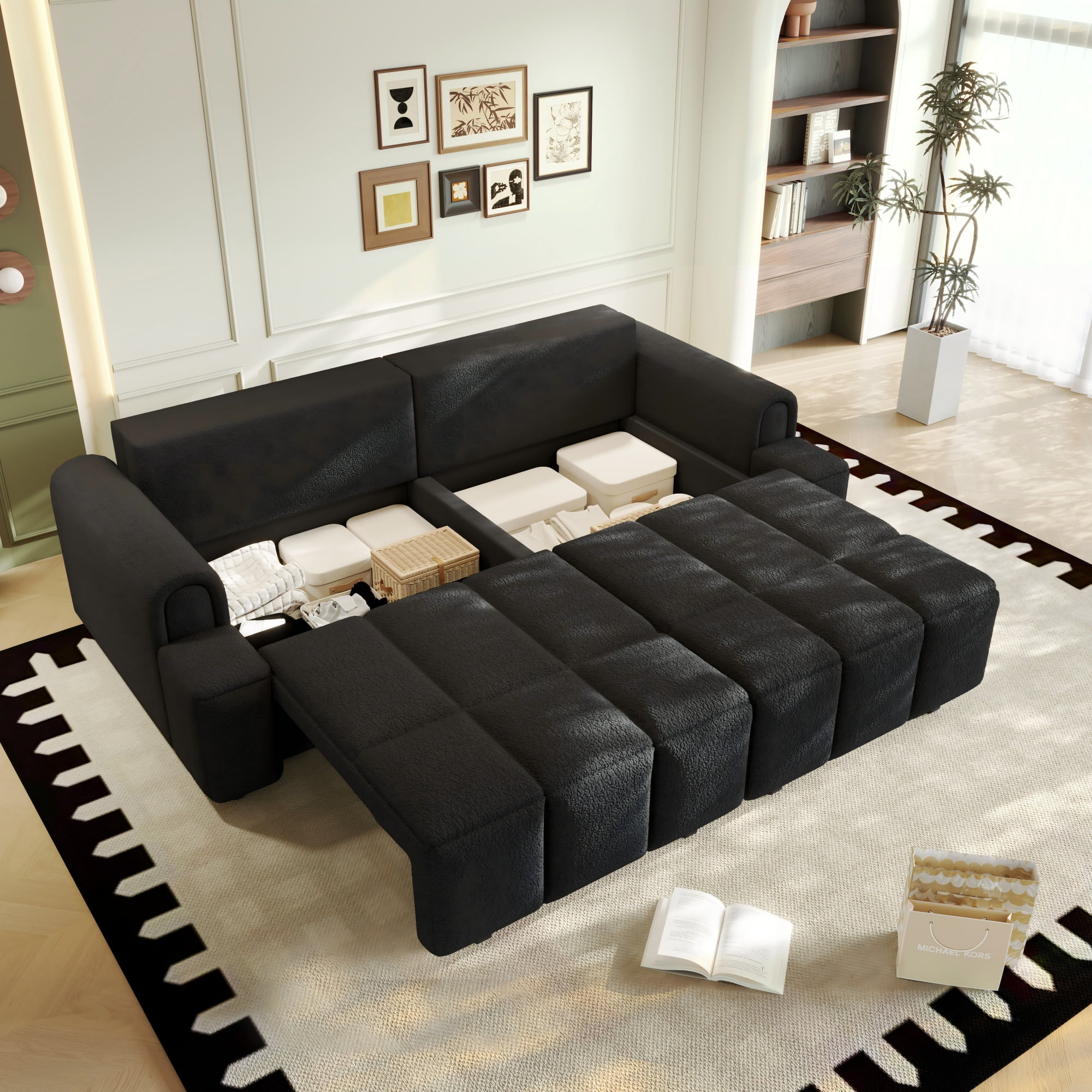 LLappuil 90" Cloud Couch, Oversized Floor Sofa Convertible Sofa Bed King Size, Sherpa Fleece Sofa Couch for Living Room Black