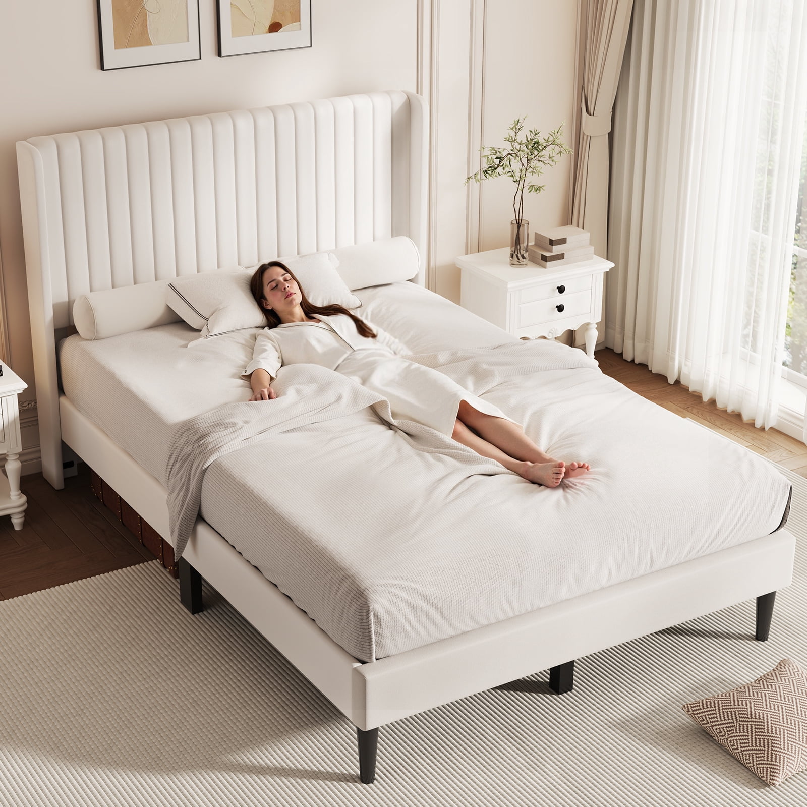 Sofanext Queen Wingback Platform Bed Frame, Tall Velvet Upholstered Headboard, Wood Slat Support, No Box Spring, Noise-Free, Cream White