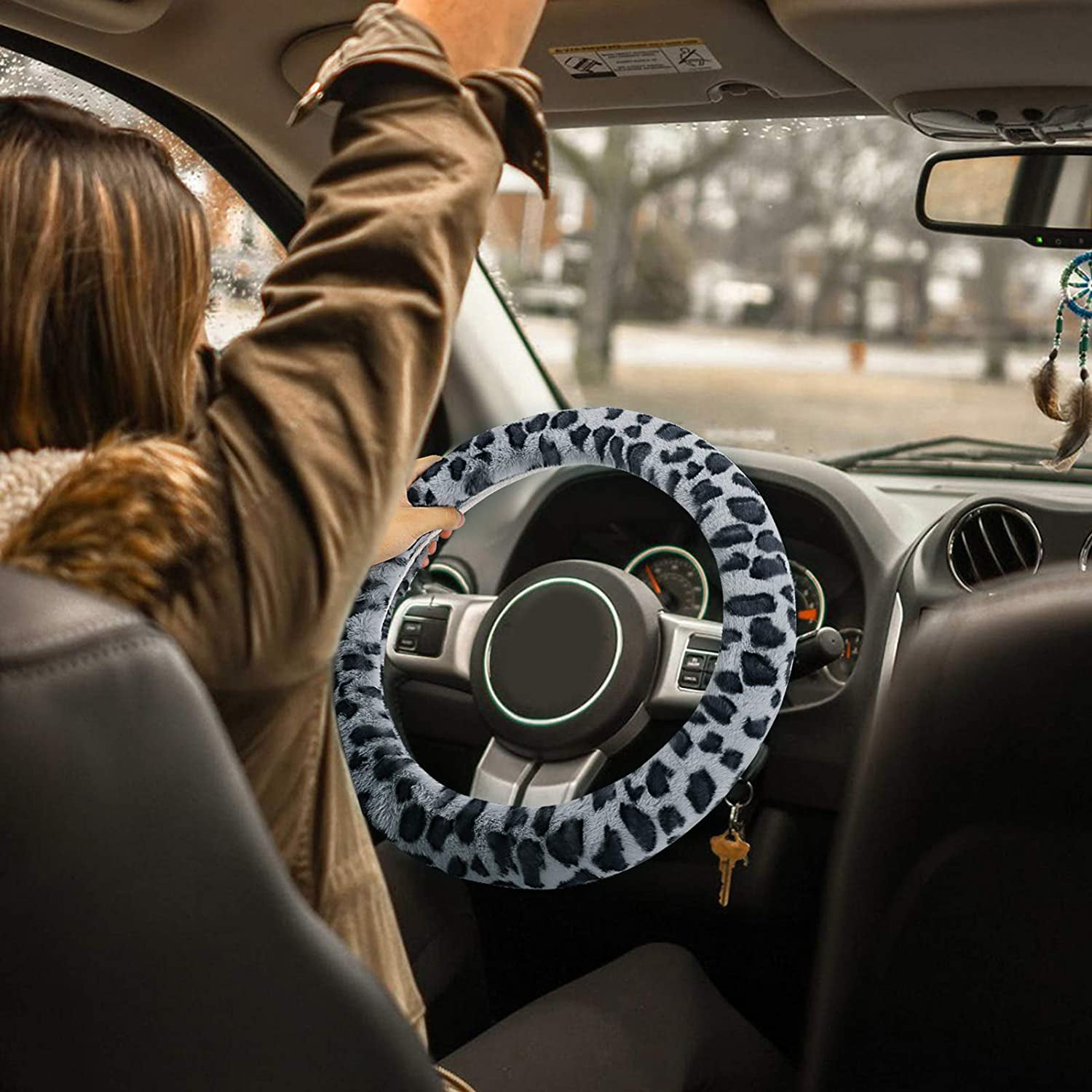 Accmor Fluffy Steering Wheel Cover for Women Girls Ladies 1 Set 3 Pcs Fur Car Wheel Cover & Handbrake Cover & Gear Shift Cover Universal Fit 15 inch Winter Warm Fuzzy Vehicle Wheel Protector 