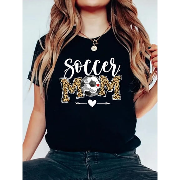 Cotton Soccer Mom Leopard Funny Soccer Mom Shirt Mother's Day T-Shirt Women's Graphic Tee Casual Tops