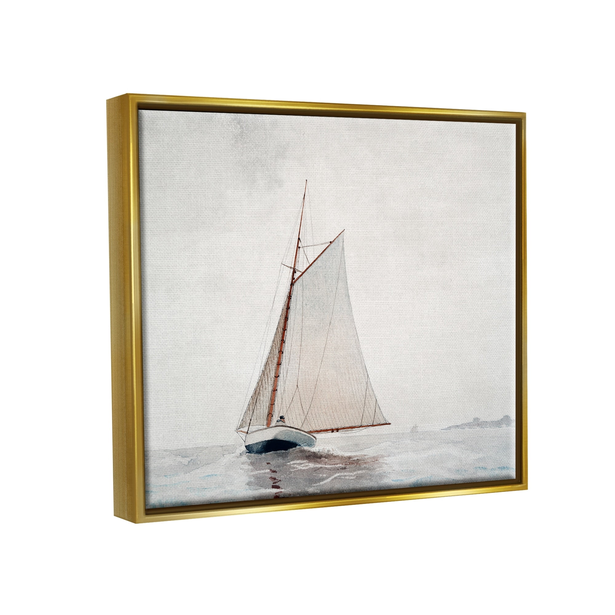 Stupell Industries Sailboat Foggy Weather Clouds Ocean Waves Crashing Painting Metallic Gold Floating Framed Canvas Print Wall Art, Design by Lettered and Lined