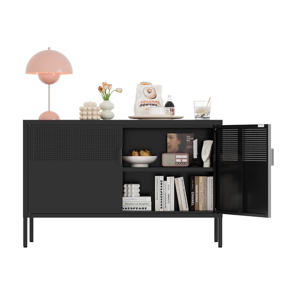 FIRMET Metal Storage Cabinet,2 Door TV Stand, Metal Mesh Accent Cabinet,Magnetic Door Closure,Low Storage Cabinets with Doors and Shelf for Home,Office,Living Room