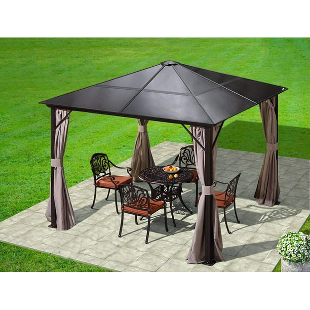 Erommy 10x10ft Outdoor Hardtop Gazebo, Outdoor Gazebo With Curtains