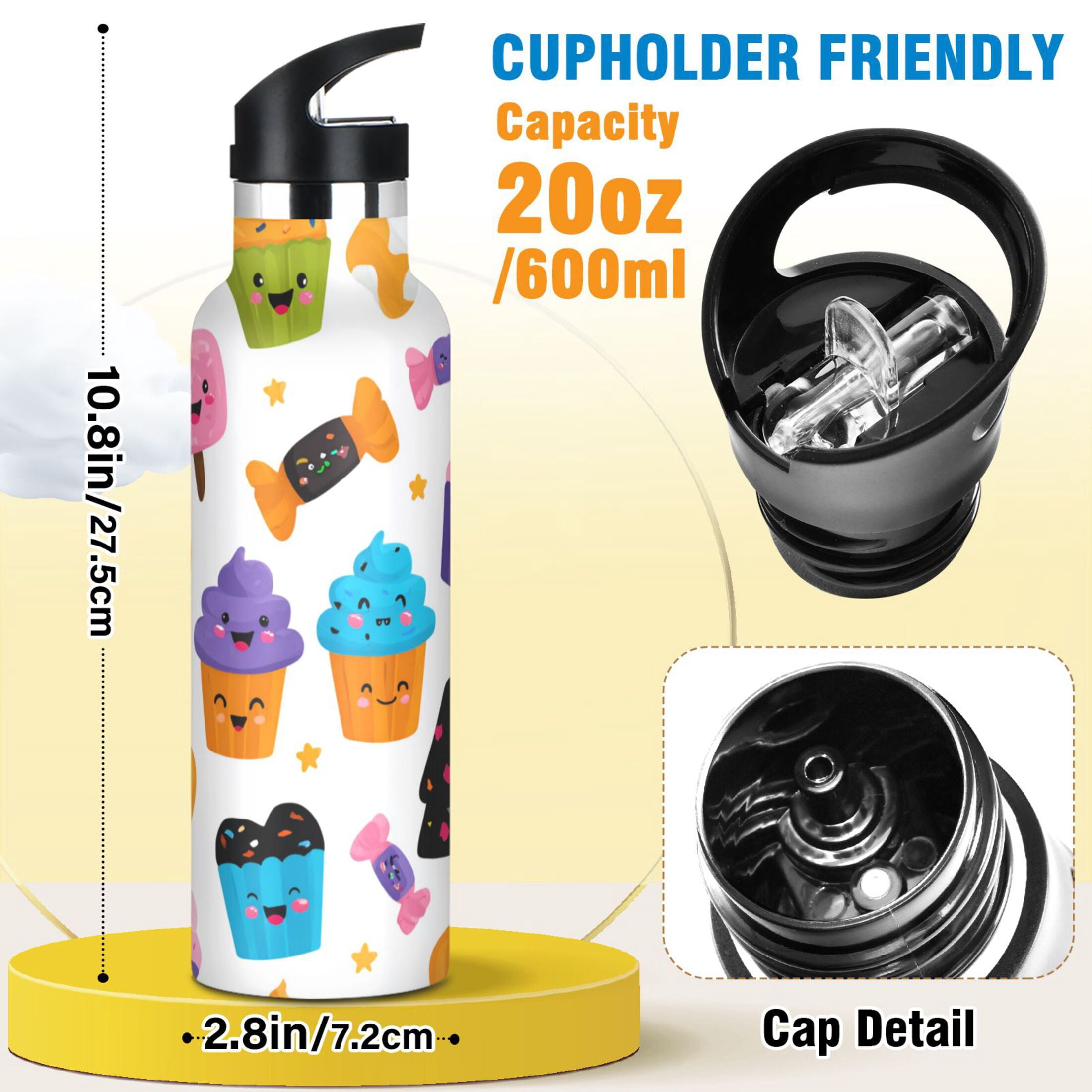 Kids Insulated Stainless Steel Sports Water Bottle 600ml (20oz) Halloween Cupcakes