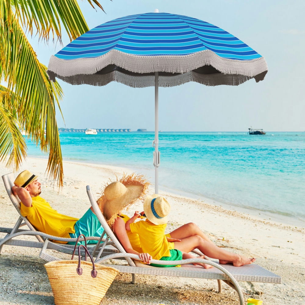 Spaco Outdoor Patio Umbrella,Patio Umbrella,6.5 FT Beach Umbrella with Fringe Outdoor Tassel Umbrella with Push Button Tilt-Navy