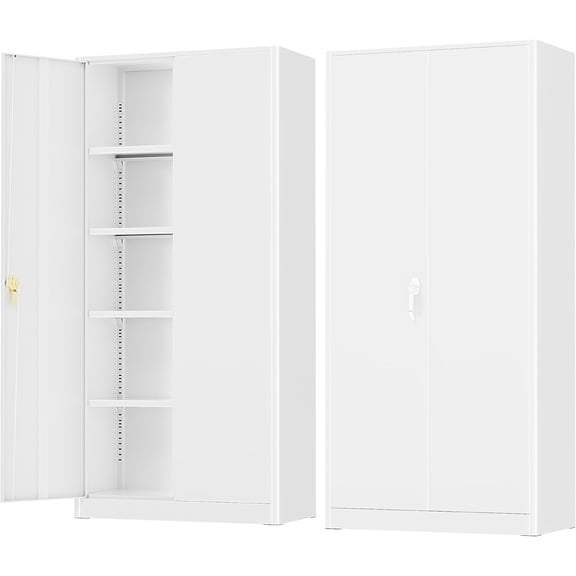 72”Metal Storage Cabinet, 72” Lockable File Cabinets with 2 Doors and 4 Adjustable Shelves, Garage Storage Cabinets with Lock for Office, Home, Gym(White-Small)