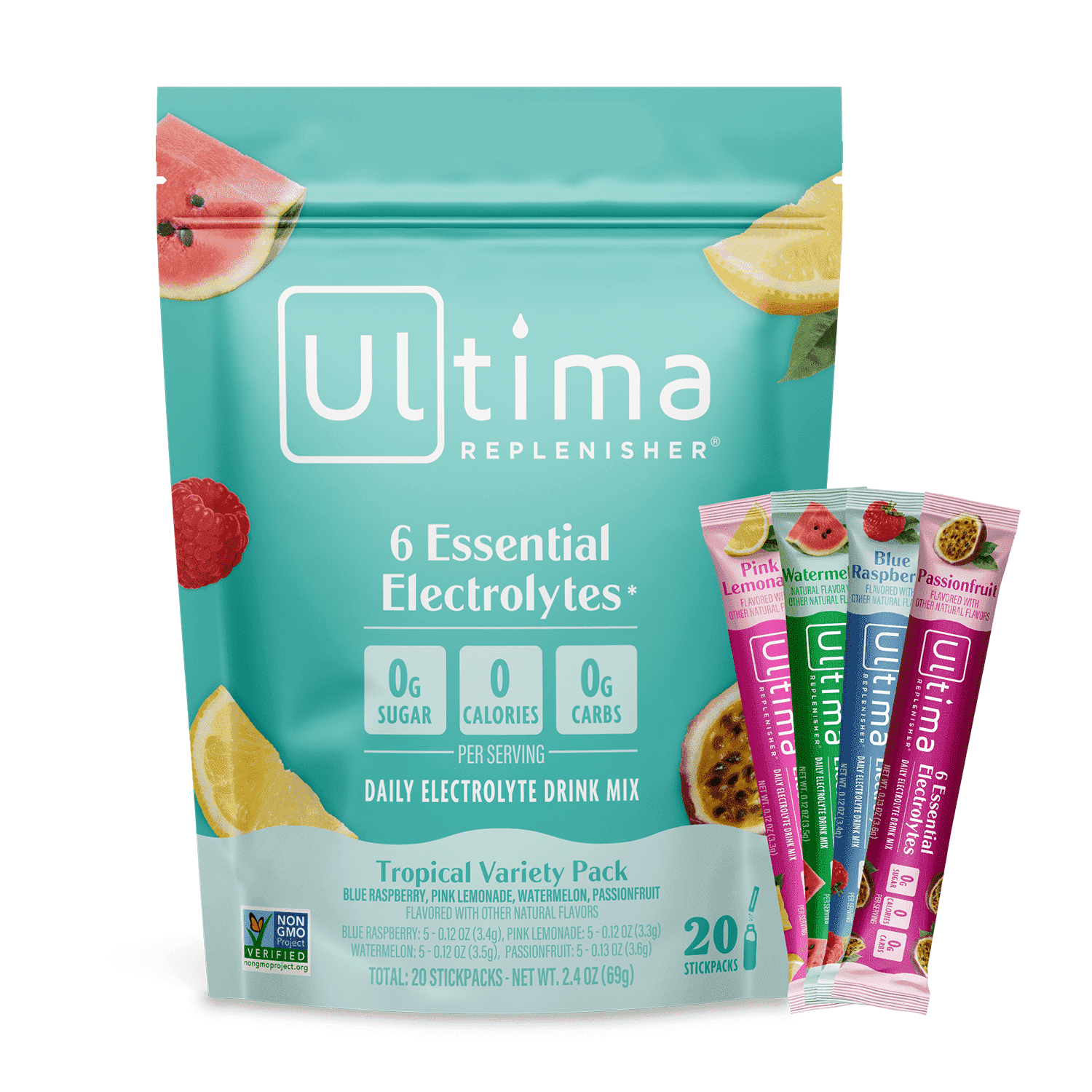 Ultima Replenisher, Electrolyte Drink Mix Packets, Sugar Free Daily Hydration Powder, Tropical Variety Pack, 20 Count Stickpacks