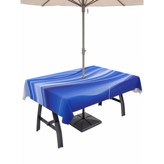 Outdoor Tablecloth with Umbrella Hole, Blue Striped Spillproof Waterproof Outdoor Table Cover, Modern Abstract Art Wave Moire Gradient Patio Tablecloths for Party Picnic Camping, Rectangle 60"x102"
