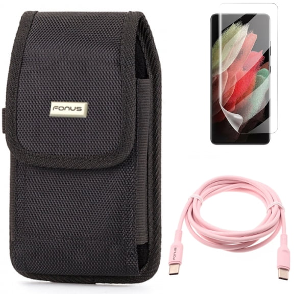 Pink 6ft Long Cable & Matte Screen Protector & Case Belt Clip for Samsung Galaxy S21 Ultra Phone - USB-C to Type-C PD Fast Charger & TPU Film Anti-Glare & Swivel Holster Accessory Bundle