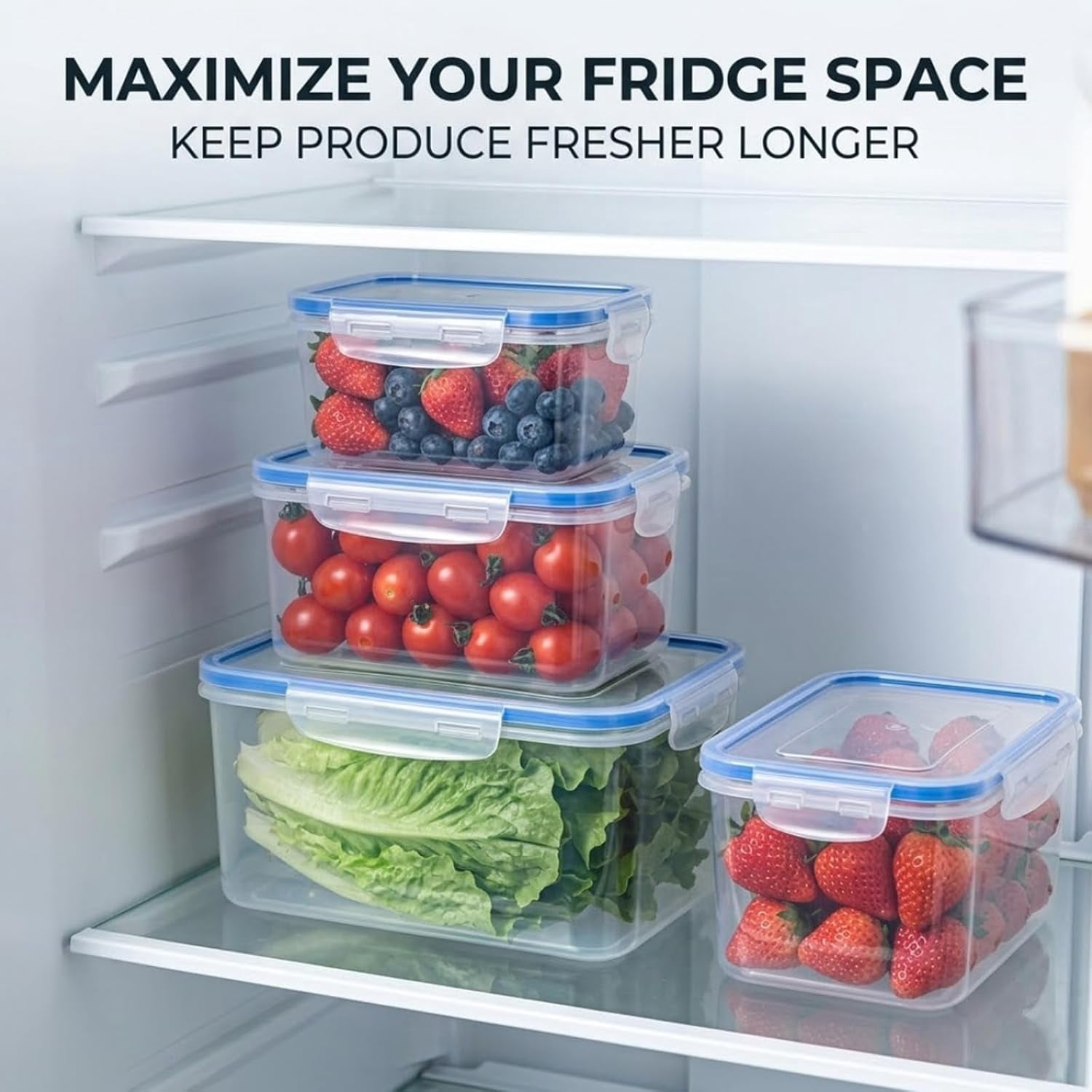 4 in 1 Food Storage Container,Produce Keeper Containers for Fridge-Including Drain Basket,Multifunctional Airtight Container