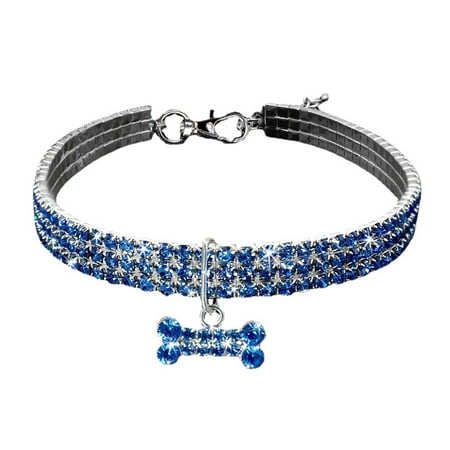 OutmaxHome Bling Dog Necklace  Glitter Crystal Rhinestone Puppy Collar Silver Chain Jewelry Diamond Cat Collars with Bone Pendant