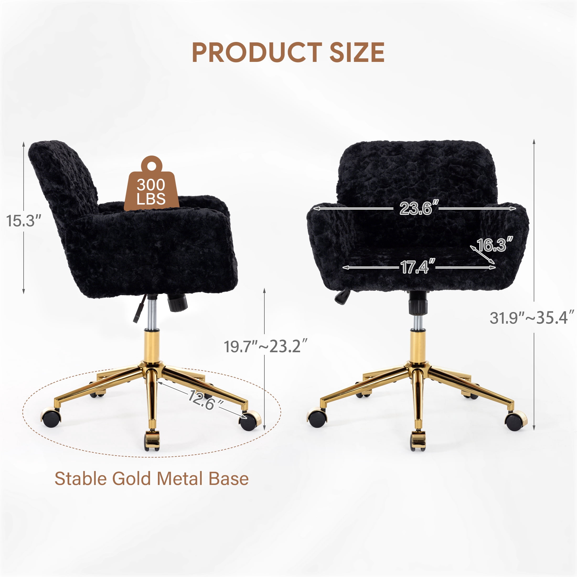 PAPROOS Vanity Chair with Back, Adjustable Swivel Makeup Desk Chair with Wheels and Arms, Fluffy Home Office Task Chair with Artificial Rabbit Hair for Bedroom, Dorm, Study Room, Black