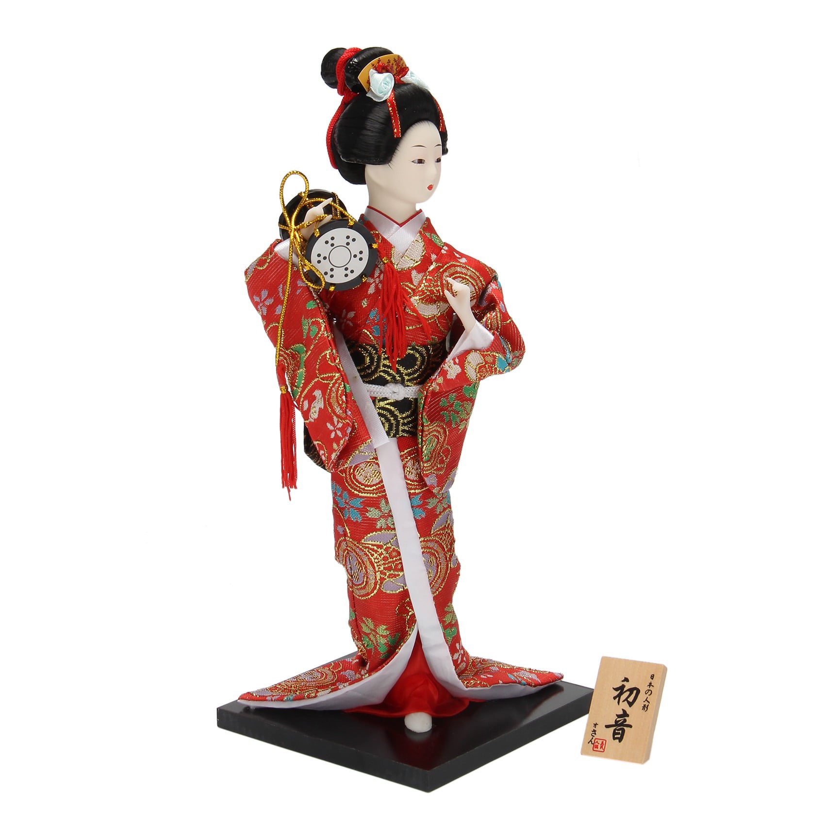 12inch Ancient Japanese Lady Figurine Geisha Doll in Rose Red Kimono w/ Fan 