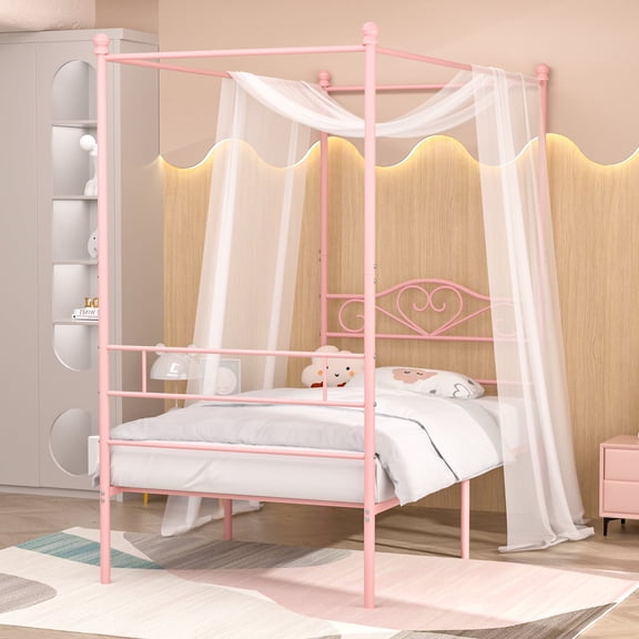 VECELO Twin Metal Canopy Bed Frame, Four-poster Canopied Platform Bed with Arched Headboard, Sturdy Metal Slat Support, No Box Spring Needed, Easy Assembly, Pink