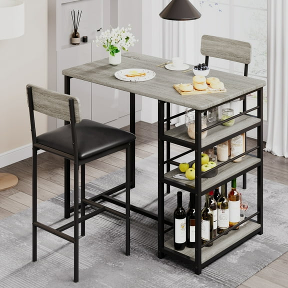 Kicctian 3-Piece Bar Table Set for 2 with Velvet Stools, Small Tall Kitchen Table with 3 Storage Shelves, Space-Saving Bar Height Dining Furniture for Apartment,Grey & Black