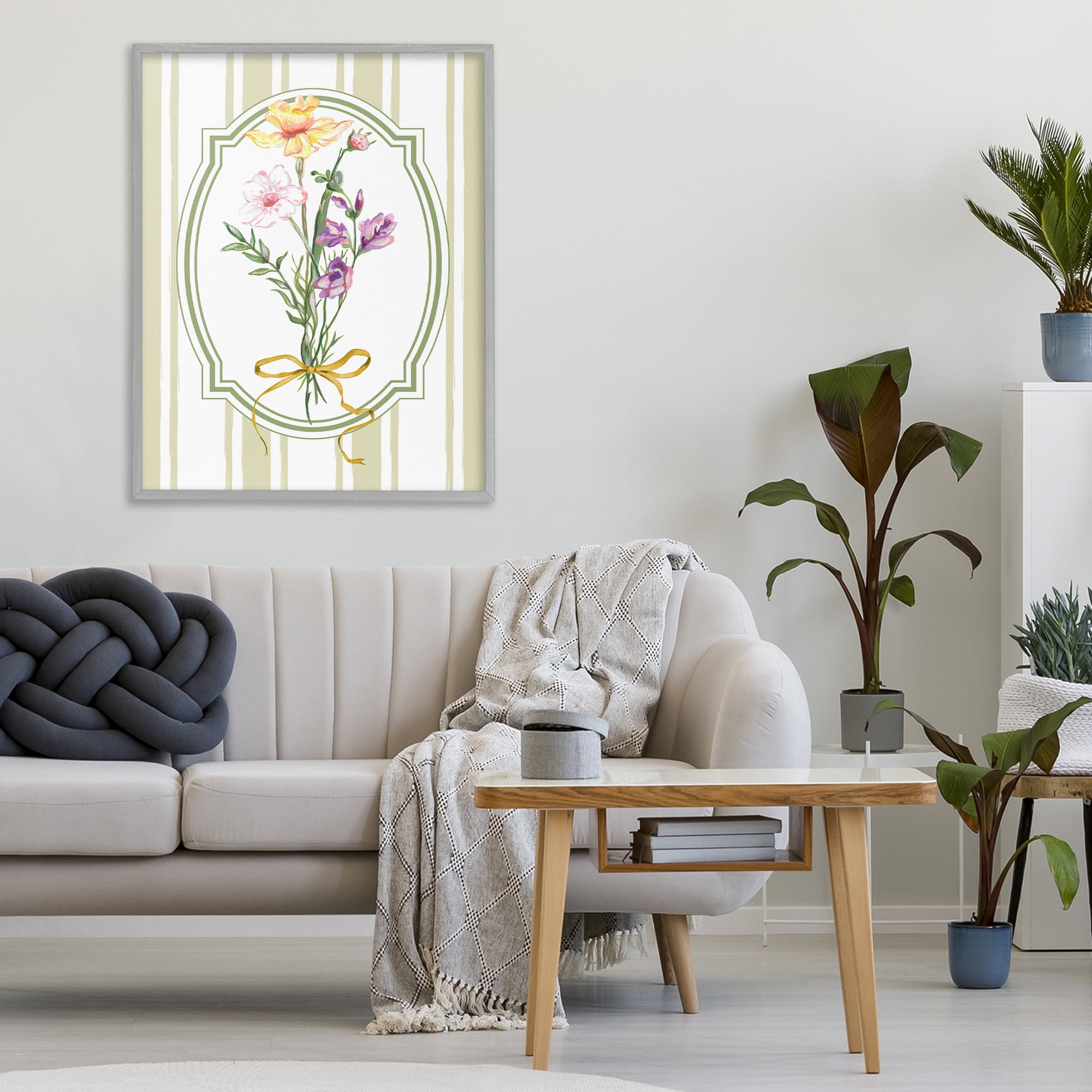 Vintage Wildflowers with Ribbon Gray Framed Giclee Art, design by Adonna Ebrahimi