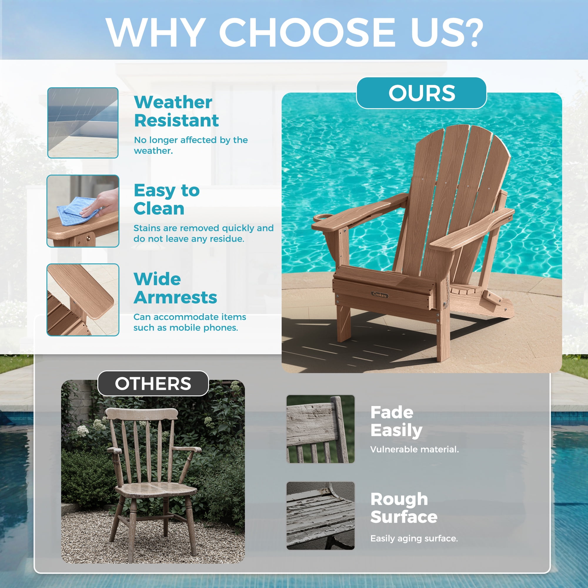 Ciokea Wood Adirondack Chair Folding Outdoor Patio Chairs Fire Pit with Cup Holder Pool Porch Garden Brown