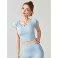 thumbnail image 3 of Women'S Cold Shoulder Summer Halter Top Short Sleeve Off the Shoulder Rib Knit Crop Top Tee Shirt Blue M, 3 of 8