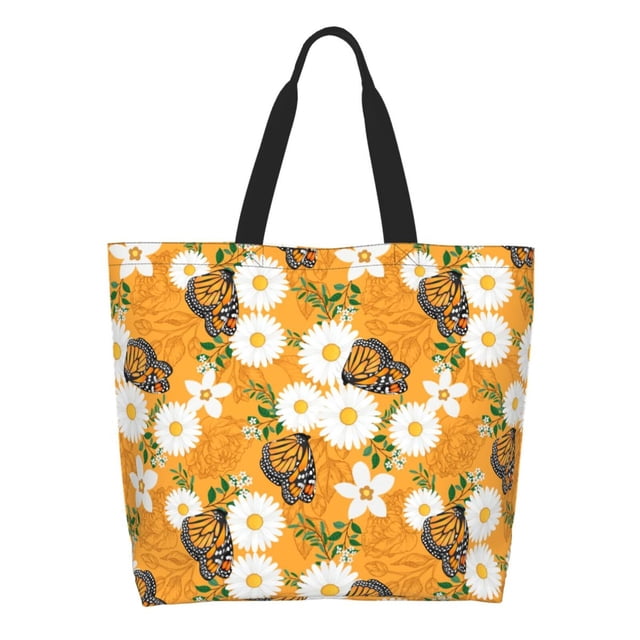 Fotbe White Floral and Butterflies Bolsa Tote Estética de Lona con Estampado para Mujer - Bolsa Reutilizable de Hombro Casual para Vacaciones, Compras, Trabajo y Gimnasio