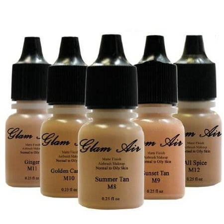 Glam Air Airbrush Water-based 0.25 fl. oz. Bottles of Foundation in 5 Assorted Tan Matte Shades (For Normal to Oily Tan/dark Olive (Best Foundation For Oily Dark Skin In India)