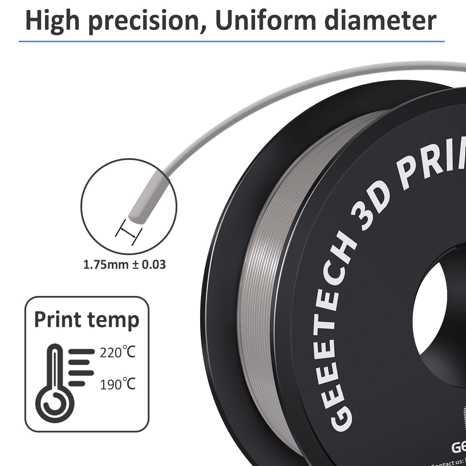 GEEETECH PLA 3D Printer Filament 1.75mm Gray, Dimensional Accuracy +/-0.03mm, 10kg (22lbs) , Vacuum Packaging, Fit for Most 3D FDM Printer