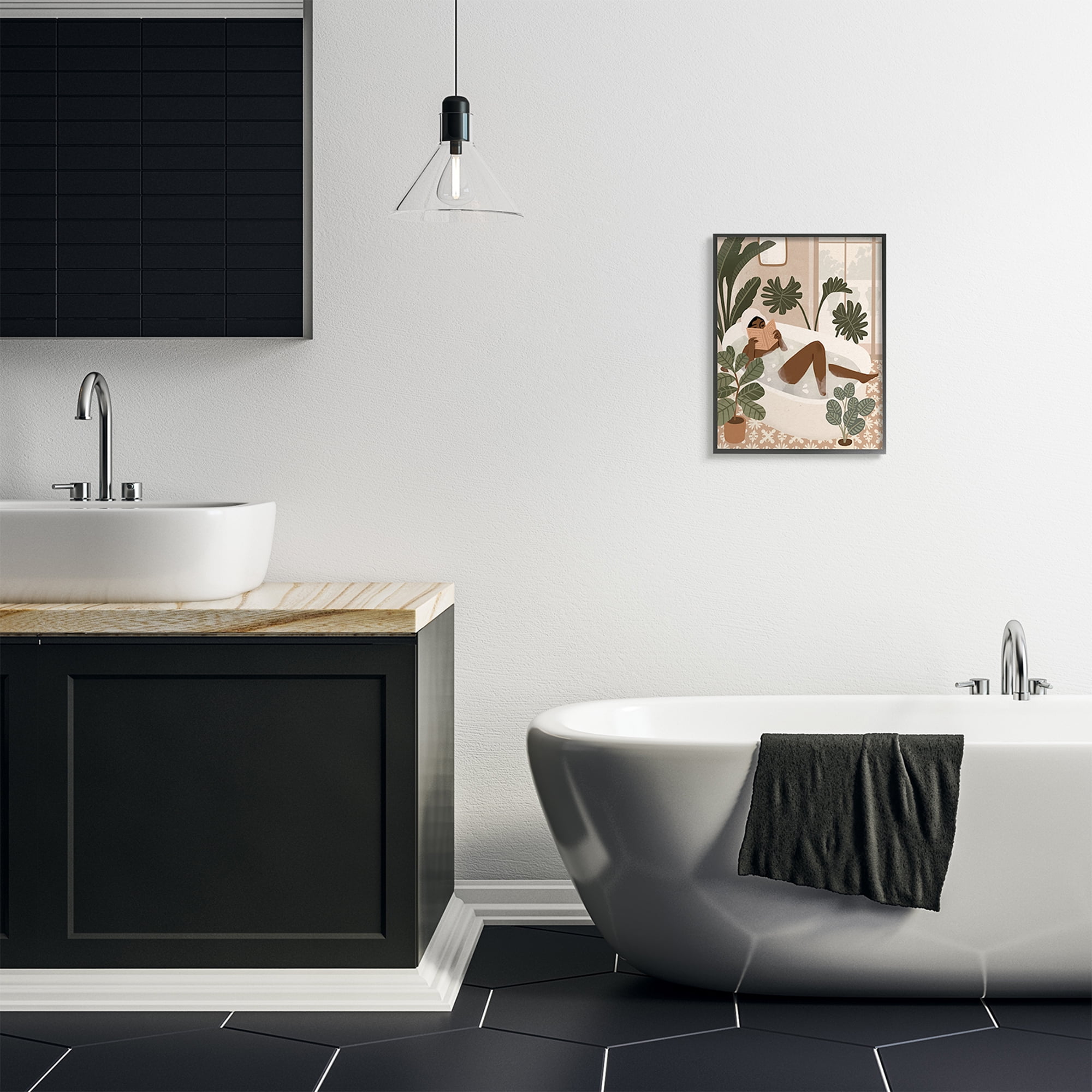 Stupell Industries Female Reading in Bath Tropical Palm Plants Black Framed, 16 x 20, Design by Victoria Barnes