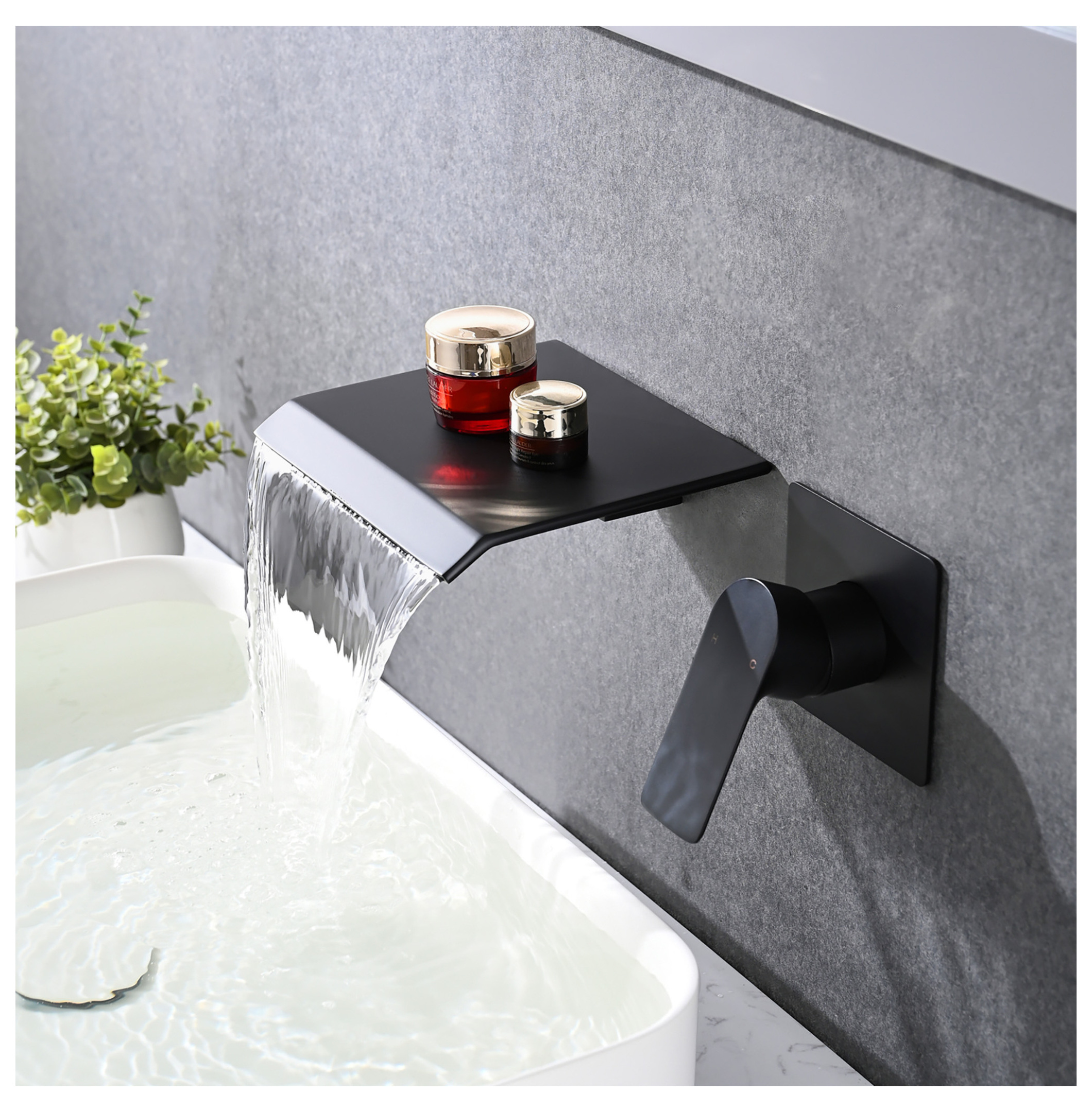 Matte Black Wall Mount Bathtub Faucet - Single Handle Modern Waterfall Tub Spout with Rough-in - Stainless Steel Bathroom Sink Faucet