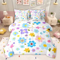 Feelyou Cute Cartoon Floral Bedding Comforter Set 7 Pieces, Cartoon Blue Flower Full Bedding Set, Teens Kids Boys Girls Reversible Fitted Sheet Flat Sheet, Luxury Bedroom Decor